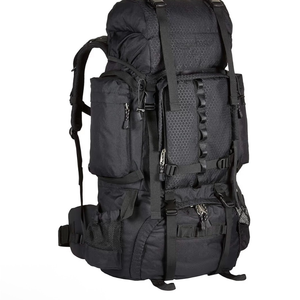 Amazon Basics 75L Black Hiking Backpack Used Just Once.